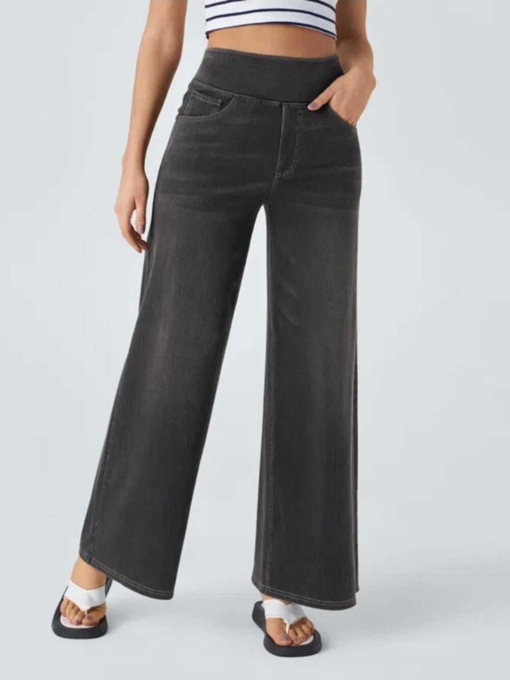 Halara Flex High Waisted Baggy Wide Leg Washed Casual Jeans - Black - Size M/P